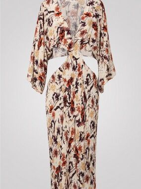 Floral Cutout Maxi Dress in Ivory with Burnt Orange & Brown Floral Print